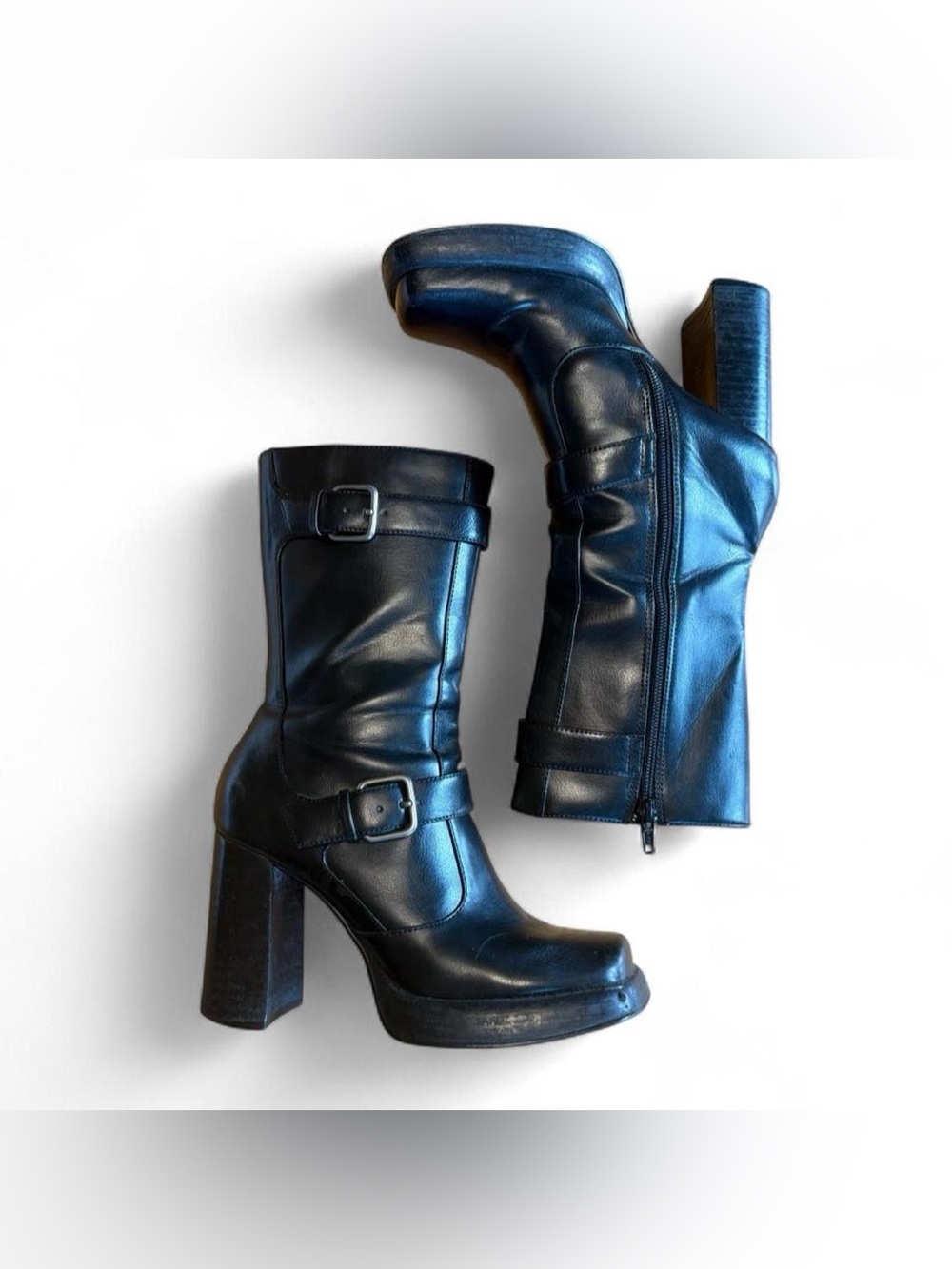 Gorgeous Y2K square toe black heeled boots sz 6 buckle zip up punk edgy rock 00s